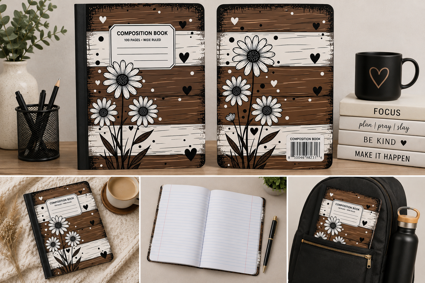 Rustic Daisy Hearts Composition Notebook
