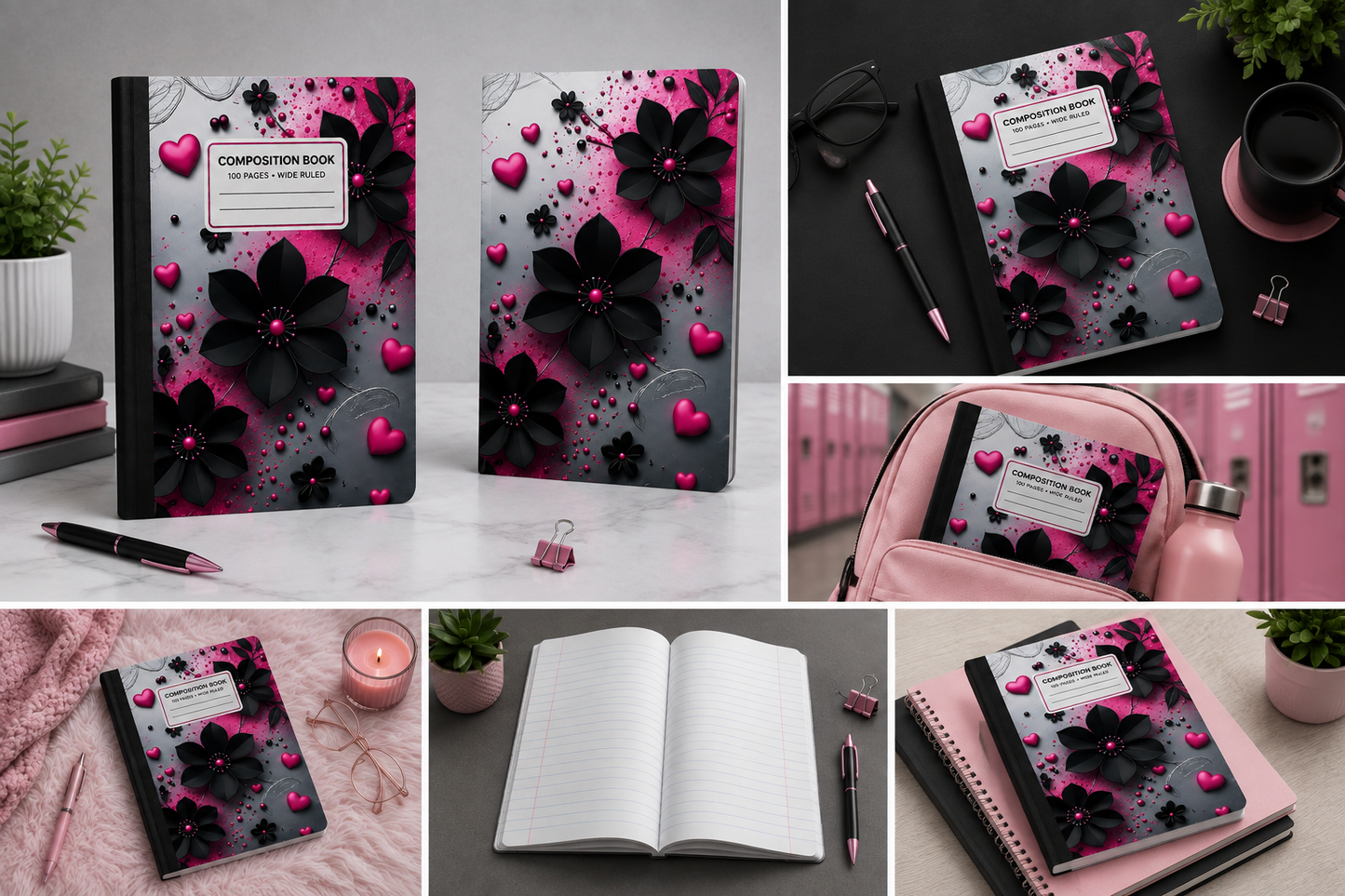 Midnight Petals & Hearts Composition Notebook