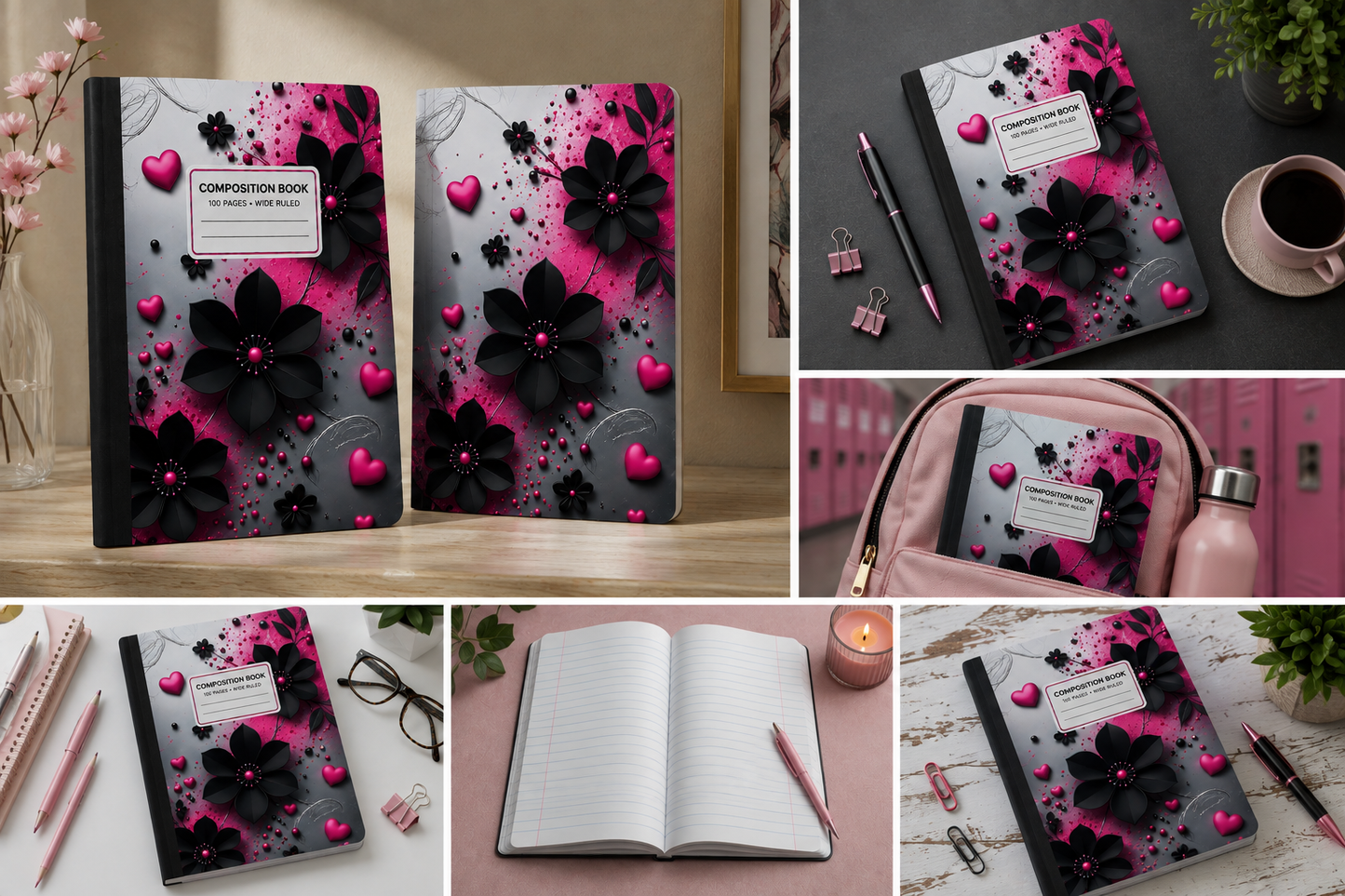 Midnight Petals & Hearts Composition Notebook