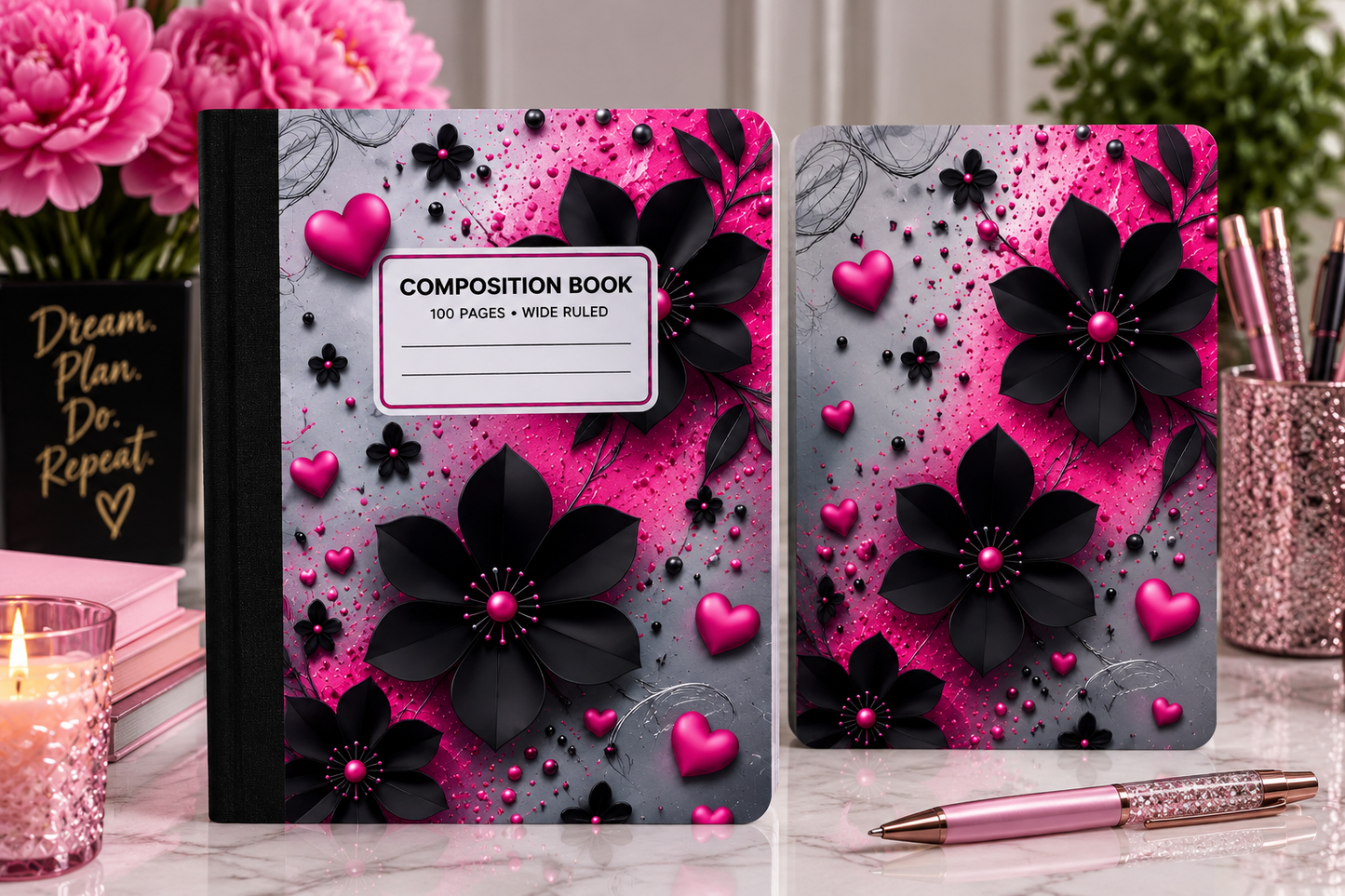 Midnight Petals & Hearts Composition Notebook