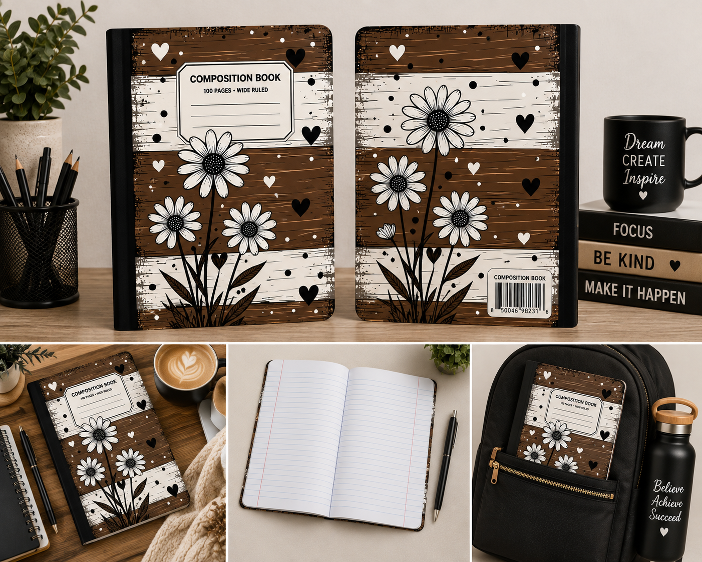 Rustic Daisy Hearts Composition Notebook