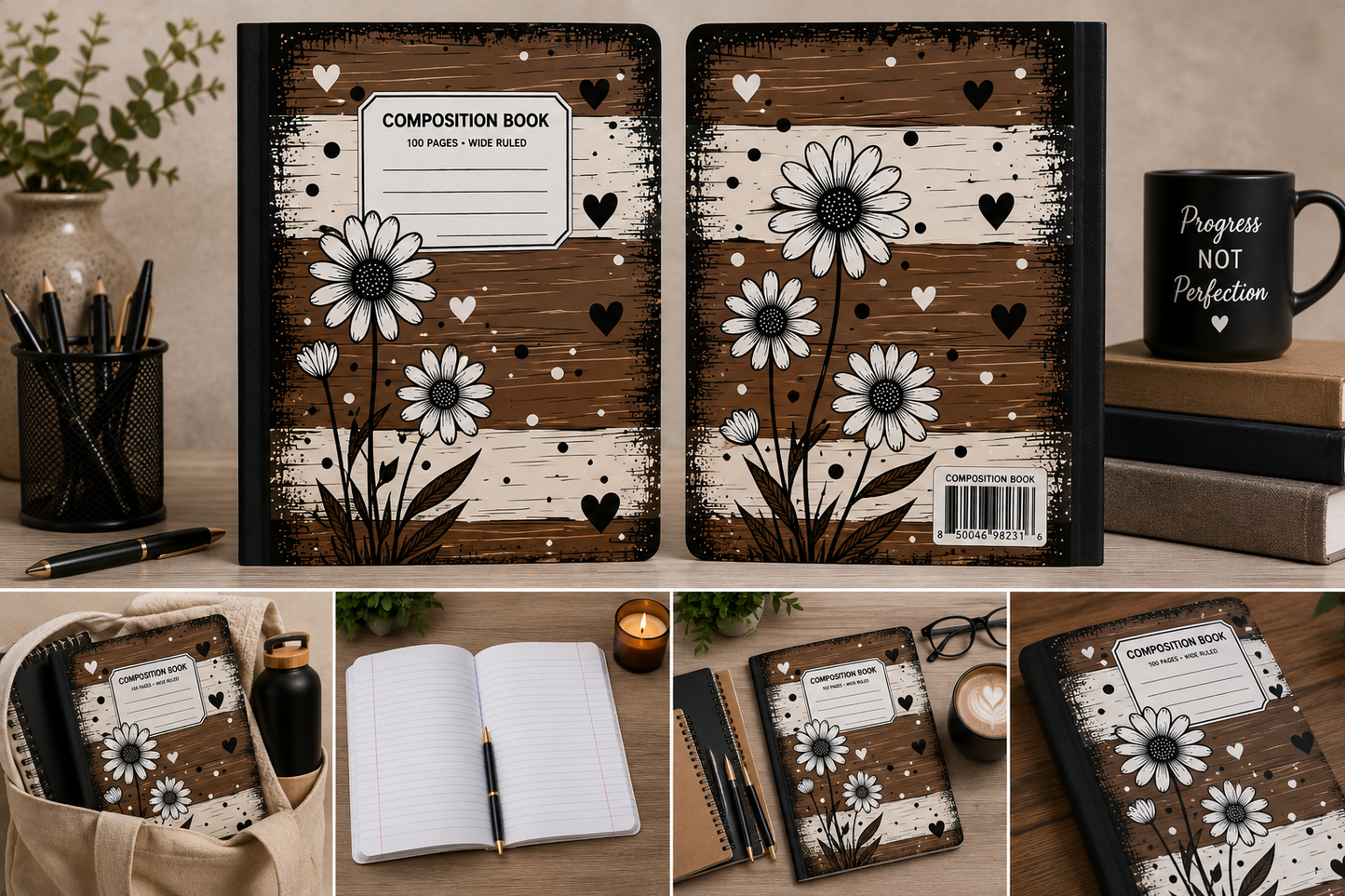 Rustic Daisy Hearts Composition Notebook